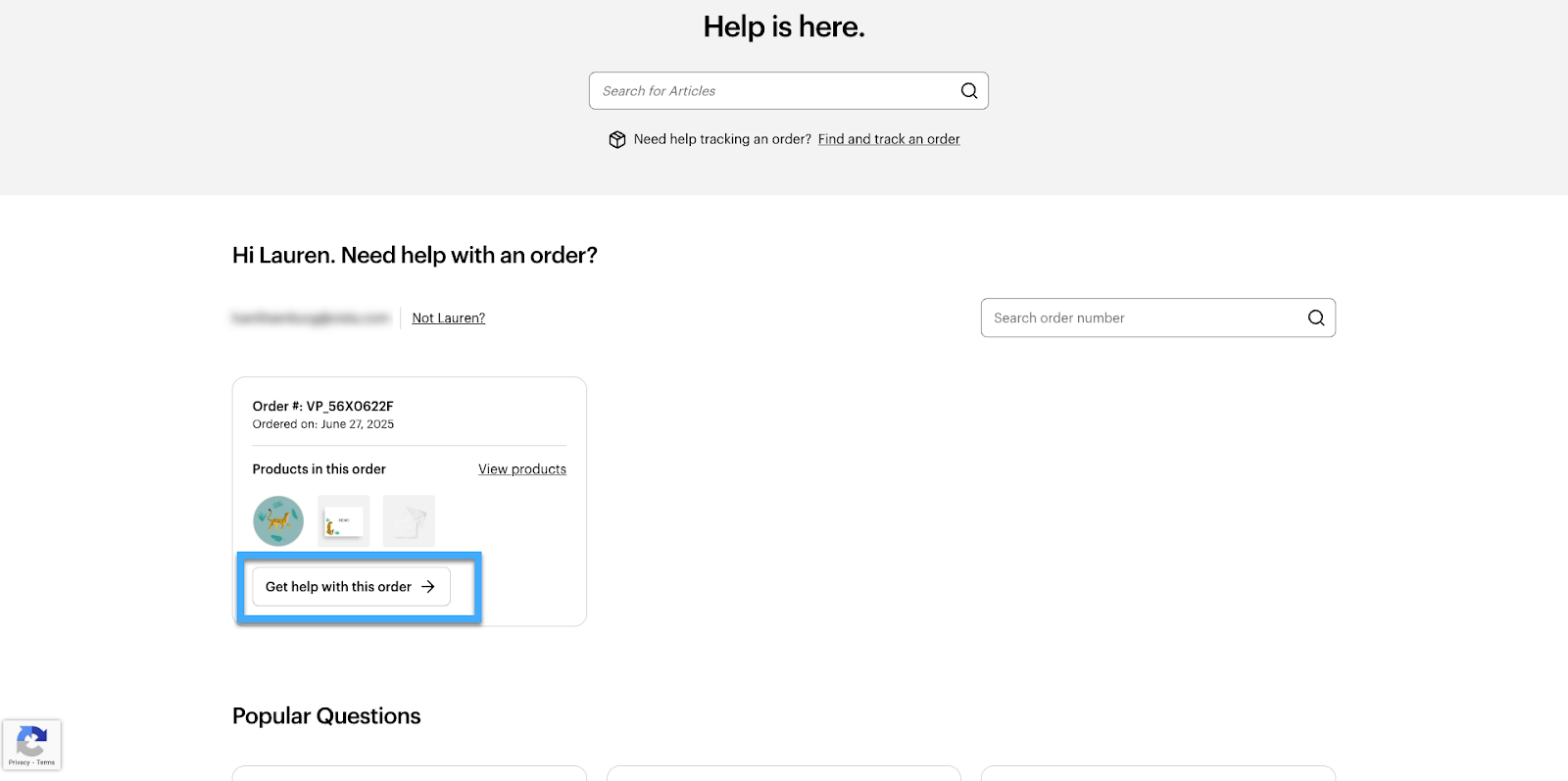 Order support flow with the option to select an order by selecting ‘Get help with this order’